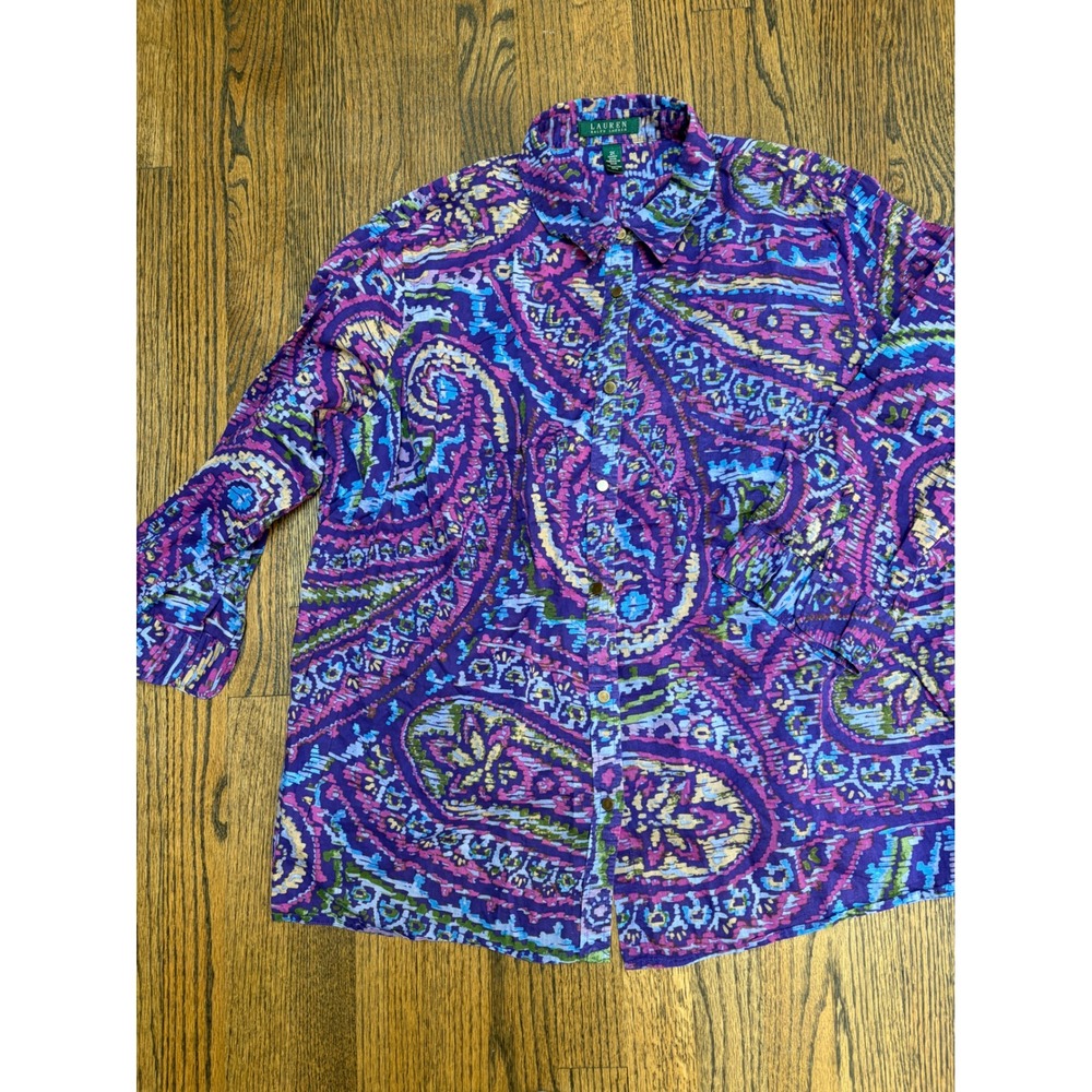 Lauren Ralph Lauren Button Down Women 2X Purple Paisley Lightweight Boho Retro